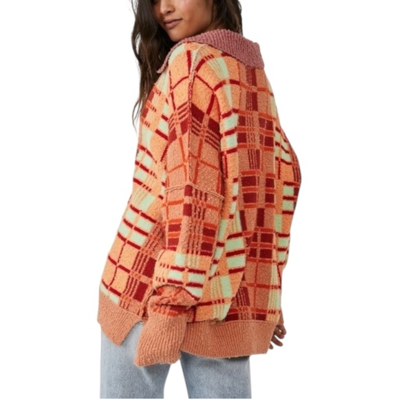 Free People Ruben Oversized Textured Plaid Collared Sweater Boho Pullover M - Picture 2 of 11